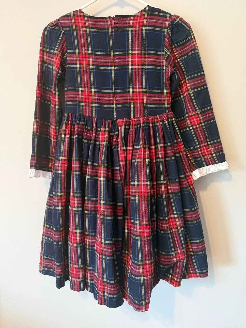 Girls Navy and Red Plaid Formal Dress with White Bib and Gold Buttons